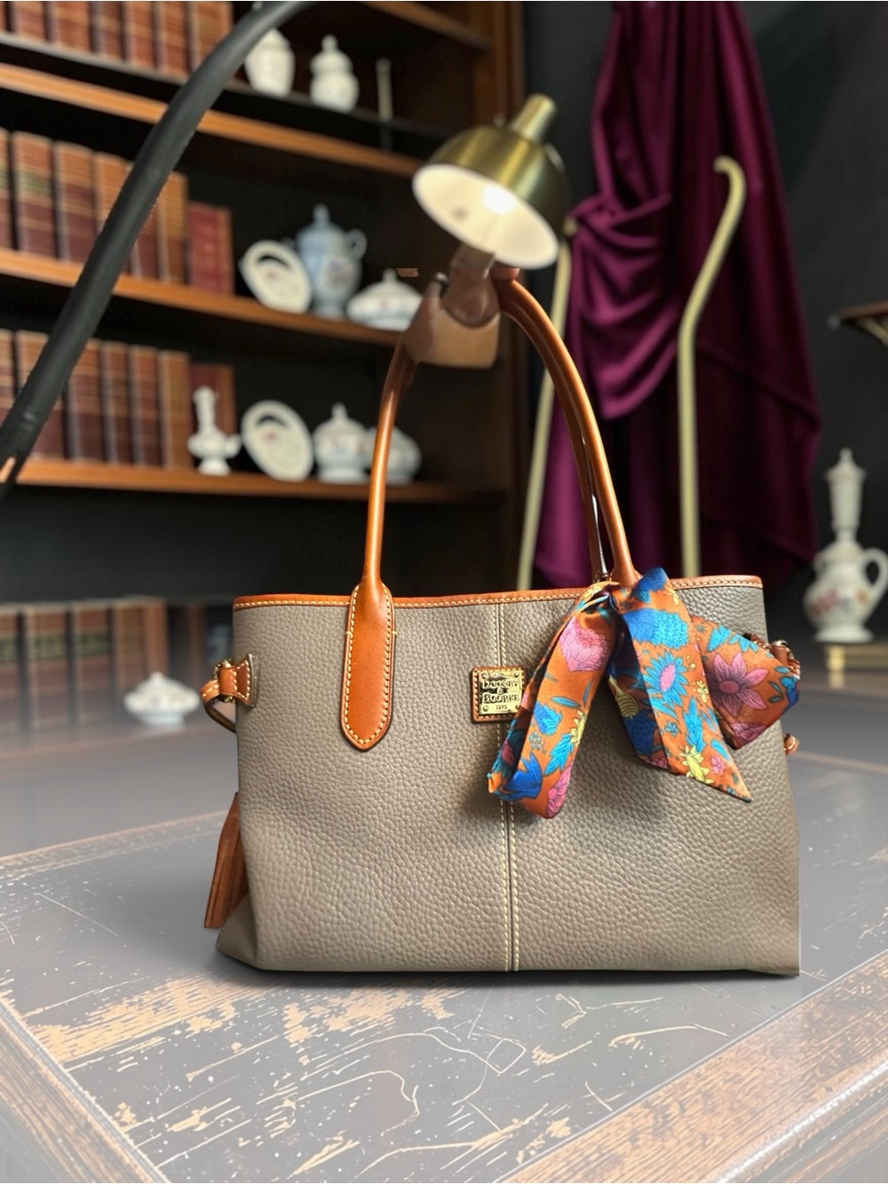 Dooney & Bourke Taupe Leather Tote with Tan Trim and Floral Scarf Accent